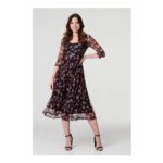 Floral Semi Sheer Ruched Midi Dress in Black