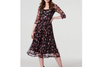 Floral Semi Sheer Ruched Midi Dress in Black
