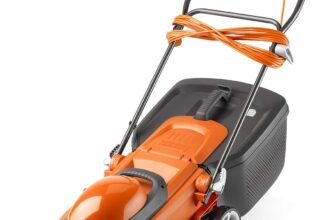 Flymo EasiStore 380R Electric Rotary Lawn Mower – 38 cm Cutting Width, 45 Litre Grass Box, Close Edge Cutting, Rear Roller, Central Height Adjust, Space Saving Storage Features