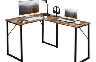 FurnitureR L-Shaped Corner Desk 129cm with Metal Frame – Vintage Brown