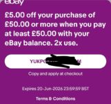 Get £5 off using your £50 eBay balance other funds purchase, can be use twice, Selected Categories (SELECTED /Invited ACCOUNTS)