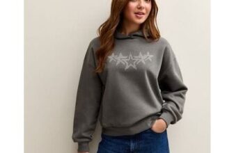 Girls Grey Diamante Star Studded Hoodie