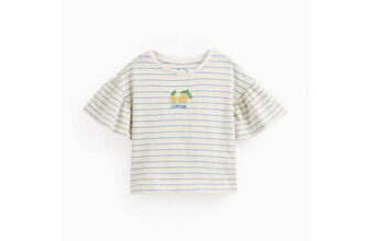 Girls White & Blue Stripe Lemon Print Fluted Sleeve T-Shirt 3-7 Years