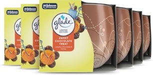 Glade Jar Candle, Scented Candle Infused with Essential Oils, Made Without Palm Oil, Up to 25 Hour Burn Time, Sweet Chocolate Treat, Pack of 6 (6x108g), Packaging May Vary
