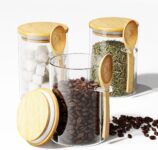 Glass Containers with Lids, 450ml Glass Storage Jars with Bamboo Lids & Spoons, Tea Coffee Sugar Canisters, Small glass jars with lids gifts for women