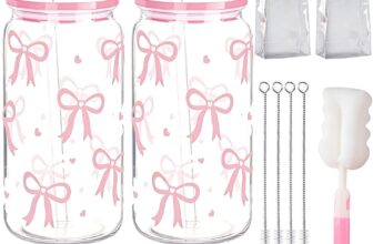 Glass Cups with Lids and Straws, 500ML Cute Glass Iced Coffee Cups, Reusable Pink Bow Drinking Glasses Set for Coffee, Juice, Tea Water, Gifts for Girls Women Friend (2)