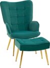 HOMCOM Modern Armchair with Footstool, Upholstered Accent Chair with Ottoman, Steel Legs, Velvet Wingback Chair for Living Room, Bedroom, Home Study, Dark Green