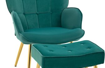 HOMCOM Modern Armchair with Footstool, Upholstered Accent Chair with Ottoman, Steel Legs, Velvet Wingback Chair for Living Room, Bedroom, Home Study, Dark Green