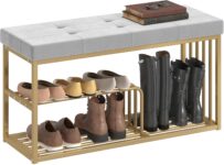 HOMCOM Modern Shoe Storage Bench with Velvet Seat Cushion, Upholstered Tufted Shoe Rack Bench with Storage Shelves and Gold Tone Steel Frame for Entryway, Hallway, Living Room, Bedroom, Grey