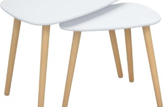 HOMCOM Nesting Coffee Table, Set of 2 Side Tables, Stacking End Tables with Solid Wood Legs, for Living Room Bedroom, White