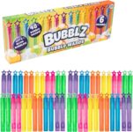 HTI Bubblz 48 Pack Bubble Solution With Wands Multi-Coloured 48 Pack Of Bubble Mixture With Bubble Stick Wands Mini Bubble Solution With Wands Perfect Party Bag Fillers Suitable Children 3