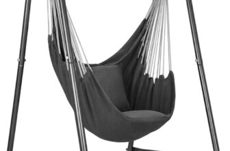 Hammock Chair Stand with Swing Chair, Heavy Duty Steel Frame, Max Load 150 kg, Hanging Chair with 2 Cushions & Hooks, Indoor Outdoor for Patio, Balcony, Garden, Black