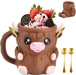 Highland Cow Ice Creams Holder, 3D Printed Ice Cream Tub Holder, Reusable Cute Animal Anti-Freeze Cup Holder, with Drawer & 2 Spoon, Highland Cow Lover Gifts, Cute Kitchen Decor for ICES Cream Lovers