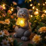 Hoikwo Solar Cat Garden Ornaments Outdoor with LED Light, Waterproof Outside Cat Statue Holding Sunflowers Decor – Gifts for Women, Mum, Grandma, Cats Lover on Birthday, Christmas