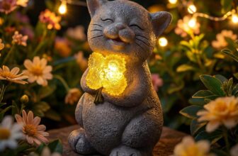 Hoikwo Solar Cat Garden Ornaments Outdoor with LED Light, Waterproof Outside Cat Statue Holding Sunflowers Decor – Gifts for Women, Mum, Grandma, Cats Lover on Birthday, Christmas