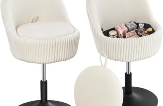 Hzuaneri Vanity Chair with with Hidden Storage, Height Adjustable Dressing Table Chair, 360 Swivel with Backrest, Corduroy Dressing Table Stool for Bedroom, OffWhite VS32803M