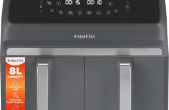 Instant Pot – Vortex Dual Air Fryer – Large 8L, Twin, Double 4L Basket, 8 in 1 – Food Dehydrate, Grill, Bake, Roast, Reheat, Non-Stick, Easy Clean, Dishwasher Safe, Electric – Truffle Grey