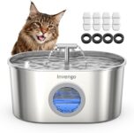 Invengo Cat Water Fountain for Drinking 2.2L Large Capacity, Ultra Quiet Pump, 360 Water Circulation, Dual Water Outlets, Easy to Clean, 304 Stainless Steel, Includes 4 Replacement Filters