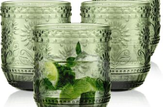 Joeyan 360ml Green Drinking Glasses Set of 4, Decorative Floral Embossed Highball Glass Tumbler Vintage Water Glasses, Heavy Duty Glassware Beverages Tumblers for Whisky, Beer, Juice, Wine