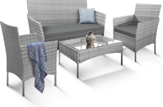 KEPLIN 4 Piece Rattan Garden Furniture Set Outdoor Sofa, 2 Chairs & Tempered Glass Coffee Table, Durable Weather-Resistant Wicker Patio Lounge Set with Cushions for Garden, Balcony & Patio (Grey) 4-Piece