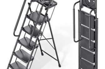 KINGRACK 5 Step Ladder, Folding Steel Step Ladder with Tool Tray, Handrail, Anti-Slip Wide Pedals, Safe Lock Design, Heavy Duty 226kg Load