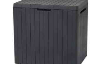 Keter City 113L Outdoor 96% recycled Small Balcony Garden Furniture Storage Box Grey Wood Panel Effect