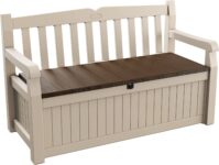 Keter Eden Bench 265L Outdoor 60% recycled Garden Furniture Storage Box Beige & Brown Wood Panel Effect Fade Free All Weather Resistant Safe and Secure Zero Maintenance 2 year Warranty