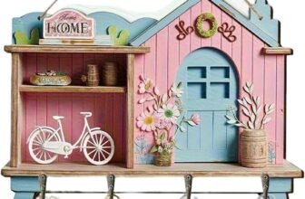 Key Holder for Wall, Wooden 2D House-Shaped Key Key Holder, Drilling Key Rack with 4 Hooks Wall Mounted, Key Hangers for Wall Living Room, Kitchen, Office