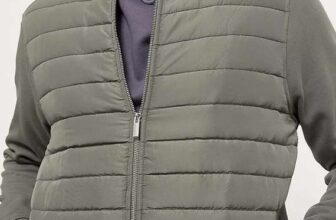 Khaki Funnel Neck Zip Front Quilted Hybrid Jacket, S – XL free C&C