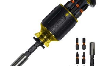 Klein Tools 32308 Multi-bit Stubby Screwdriver, Impact Rated 8-in-1 Adjustable Magnetic Tool with Phillips, Slotted, Square and Nut Driver