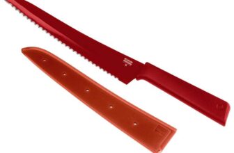 Kuhn Rikon Bread Knife with Japanese Stainless Steel Serrated Blade, Non-Stick Coating, Secure Grip Handle, Red