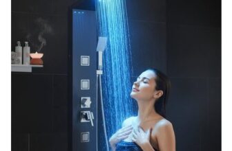 LED Black Tower Shower Panel, 6-Function Rain/Mist and Massage Jets