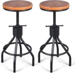 LOKKHAN Set of 2 Industrial Bar Stool-Height Adjustable Swivel Wood & Metal Barstool, Rustic Farmhouse Style, Extra Tall Pub Height,23.4-29.5, Fully Welded Base
