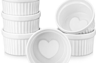 LOVECASA Ramekins 8 oz for Creme Brulee, Porcelain White Ramekin Set Souffle Dishes Oven Safe for Baking and Dipping Sauces Bowls, Heart-shaped Bottom, Set of 6