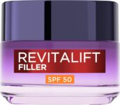 LOréal Paris SPF50 Cream Revitalift Filler Deep Replumping Anti-Ageing, UV Protection, Moisturising, Intensely Hydrates and Smooth Wrinkles with Macro, Micro and Micro-Epidermic Hyaluronic Acid, 50ml