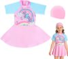 LUVDECO Girls Swimming Costume Skirted Girls UV Sun Protection Skirt Suit with Cap Unicorn Girls One-Piece Swimsuit Kids Zipper Short Sleeve Swimwear
