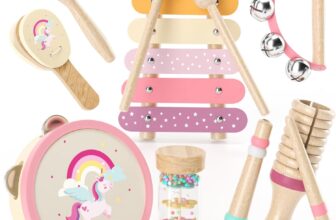 Lehoo Castle Kids Toddler Wooden Musical Instruments, Montessori Musical Toys for 1-3 Year Old Girls, Unicorn Baby Maracas Xylophone Tambourine Percussion Instruments Set 18M