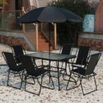 Linea 7-Piece Glass-Top Patio Dining Set with 6 chairs, table and umbrella