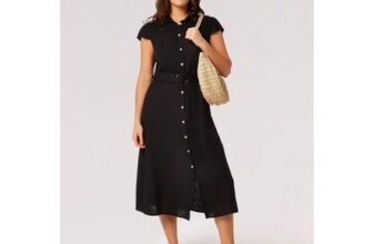 Linen Blend Belted Shirt Midi Dress