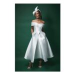 Lisa Tan Twill Bardot Waisted Midi Wedding Dress