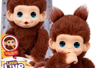 Little Live Pets Baby Monkey Minis Chikki Cherry. Interactive Pet Toy. 20 Sounds & Reactions. Soft Brown Fur. 7.4 Tall. Super Realistic. Feed, Nurture, React. Grippy Hands & Feet. Collect All 3