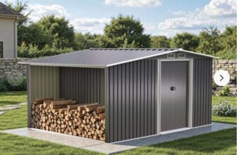 Living and Home 8 x 8ft Metal Garden Shed with Log Storage ( Galvanized Steel / Gable Roof )w/code