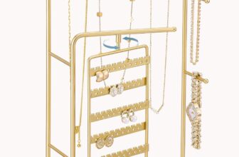 Lolalet Jewelry Organizer Stand, No Assembly Needed Display Storage with Rotating Earring Holder for Necklace Bracelet Rings, Galentines Valentines Gifts Room Dorm Decor for Women Girls -Gold