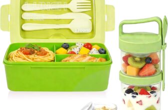 Lunch Box, Leakproof Bento Lunch Box Adults Kids, Microwavable Lunchbox with Cutlery, Breakfast Yogurt Cereal Cup, 1300ml Packed Lunch Containers for Work,School,Picnic (Green)