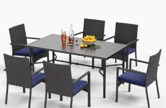 MFSTUDIO Outdoor Dining Furniture Set, 6 Rattan Chairs and A Rectangular Table with Umbrella Hole, Garden Table and Chairs Set 6, Patio Dining Set Weather Resistant