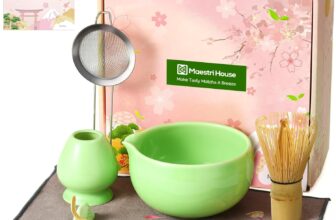 Maestri House Matcha Whisk Set, 7 Pcs of Ceramic Matcha Kit, Includes Matcha Bowl, Matcha Whisk and Holder, Tea Scoop, Scoop Rest, Steel Sifter and Tea Cloth – Gift for Matcha Lovers and Family-Green