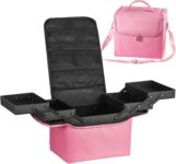 Makeup Box Large Beauty Manicure Storage Box Travel Vanity Case Train Cosmetic Box with Nylon Fabric Shoulder Strap Black 29x21x27cm (Pink)