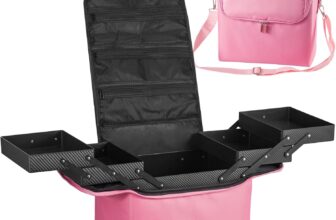 Makeup Box Large Beauty Manicure Storage Box Travel Vanity Case Train Cosmetic Box with Nylon Fabric Shoulder Strap Black 29x21x27cm (Pink)
