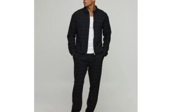 Man Checked Zip up Regular Overshirt & Straight Trouser Set
