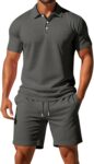 Mens Shorts and T Shirt Sets Summer 2 Piece Co Ord Outfits Lightweight Short Sleeve Polo Shirt and Drawstring Pockets Shorts Casual Tracksuit